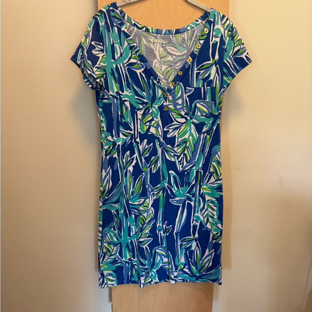 Lilly Pulitzer Blue and Green Leaf Print Mini Dress